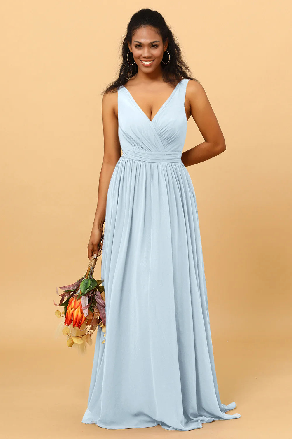 A Line V Neck Pleated Floor Length Long Chiffon Bridesmaid Dress