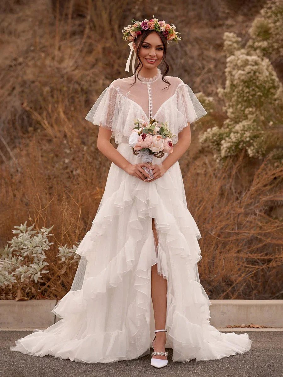 High Split A Line See through Short Sleeves Ruffle Tulle Wedding Dresses