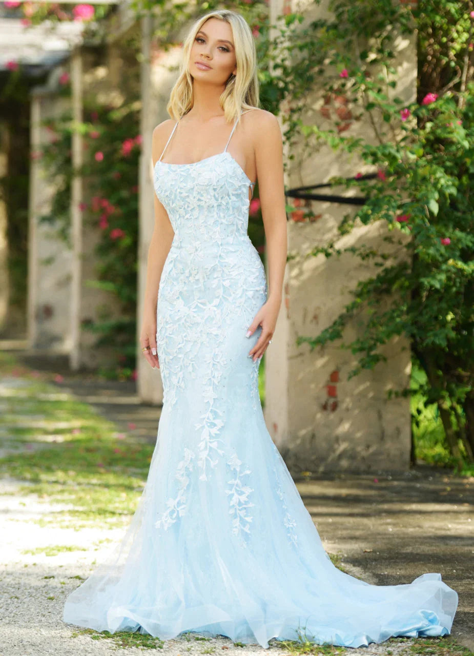 The Dutchess Gown Light Blue Floral Lace Dress With Straight Neckline FINAL SALE