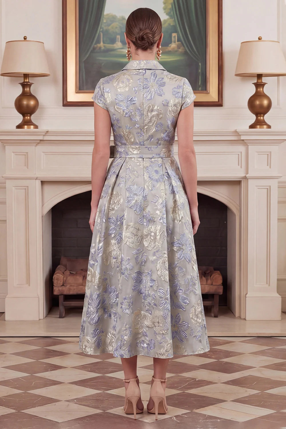 Dusty Blue A Line Floral Jacquard Midi Mother of the Bride Dress with Short Sleeves