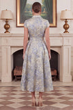 Dusty Blue A Line Floral Jacquard Midi Mother of the Bride Dress with Short Sleeves