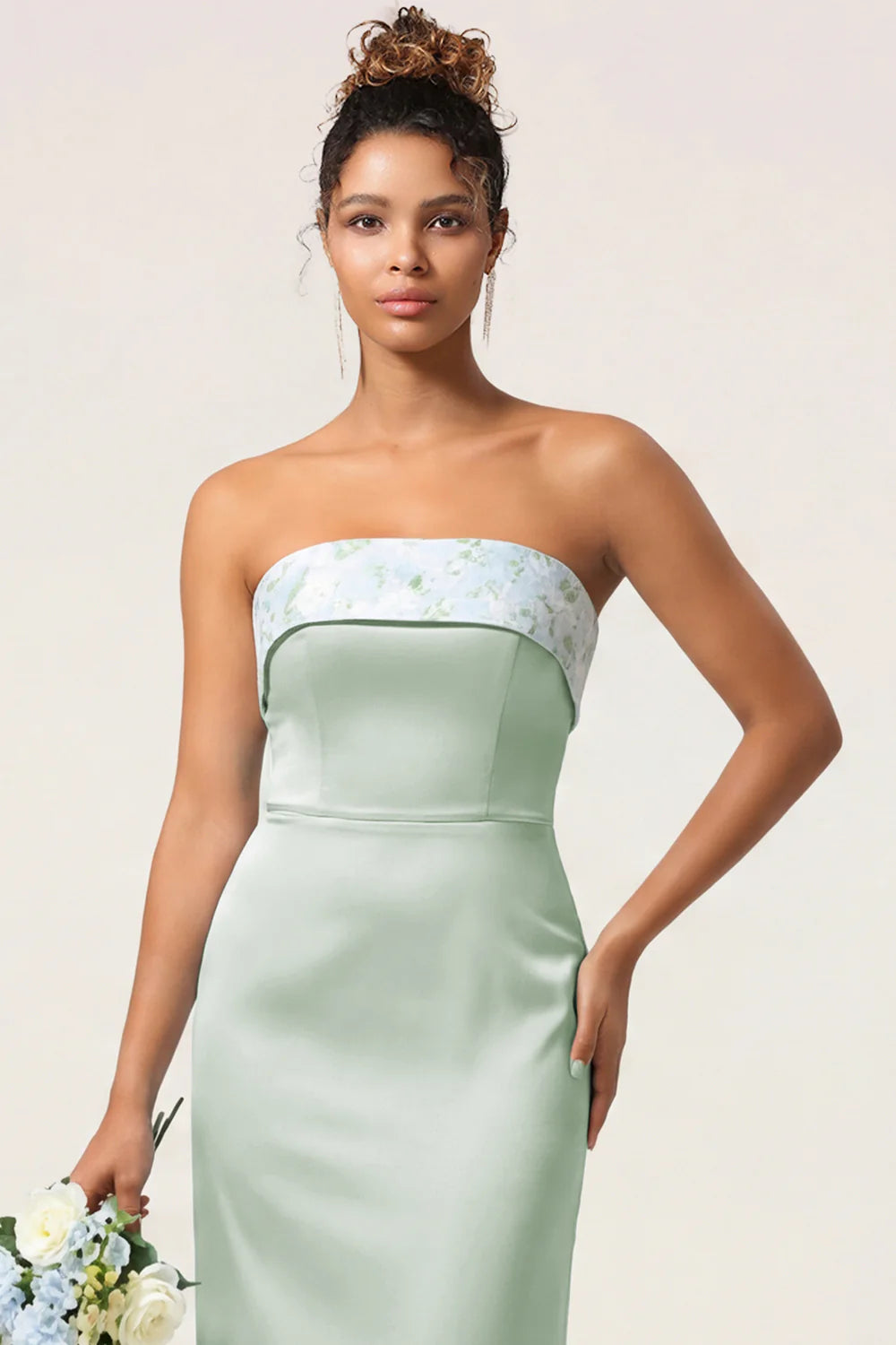 Green Flower Sheath Strapless Satin Long Bridesmaid Dress with Bow