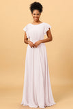 A Line Bateau Neck Ruched Long Chiffon Bridesmaid Dress with Ruffles