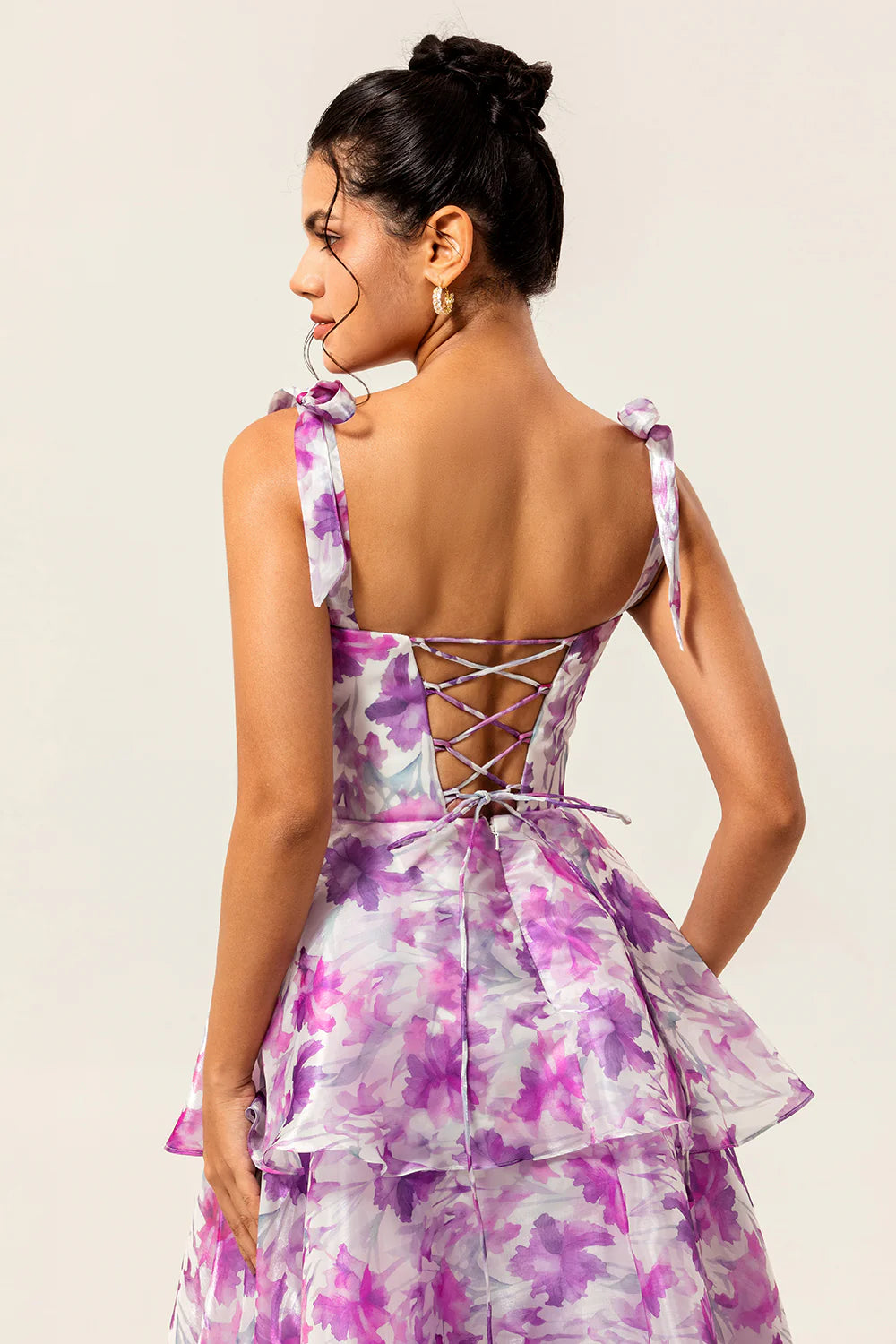Purple Flower A Line Lace Up Back Tiered Print Midi Plus Size Dress with Straps Bows