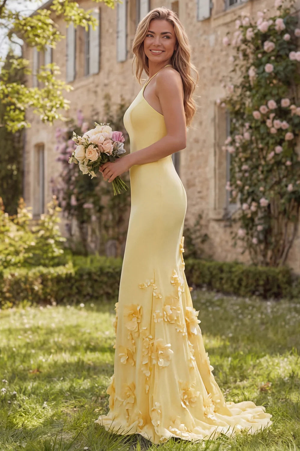 Daffodil Mermaid Halter Long Bridesmaid Dress with 3D Flowers