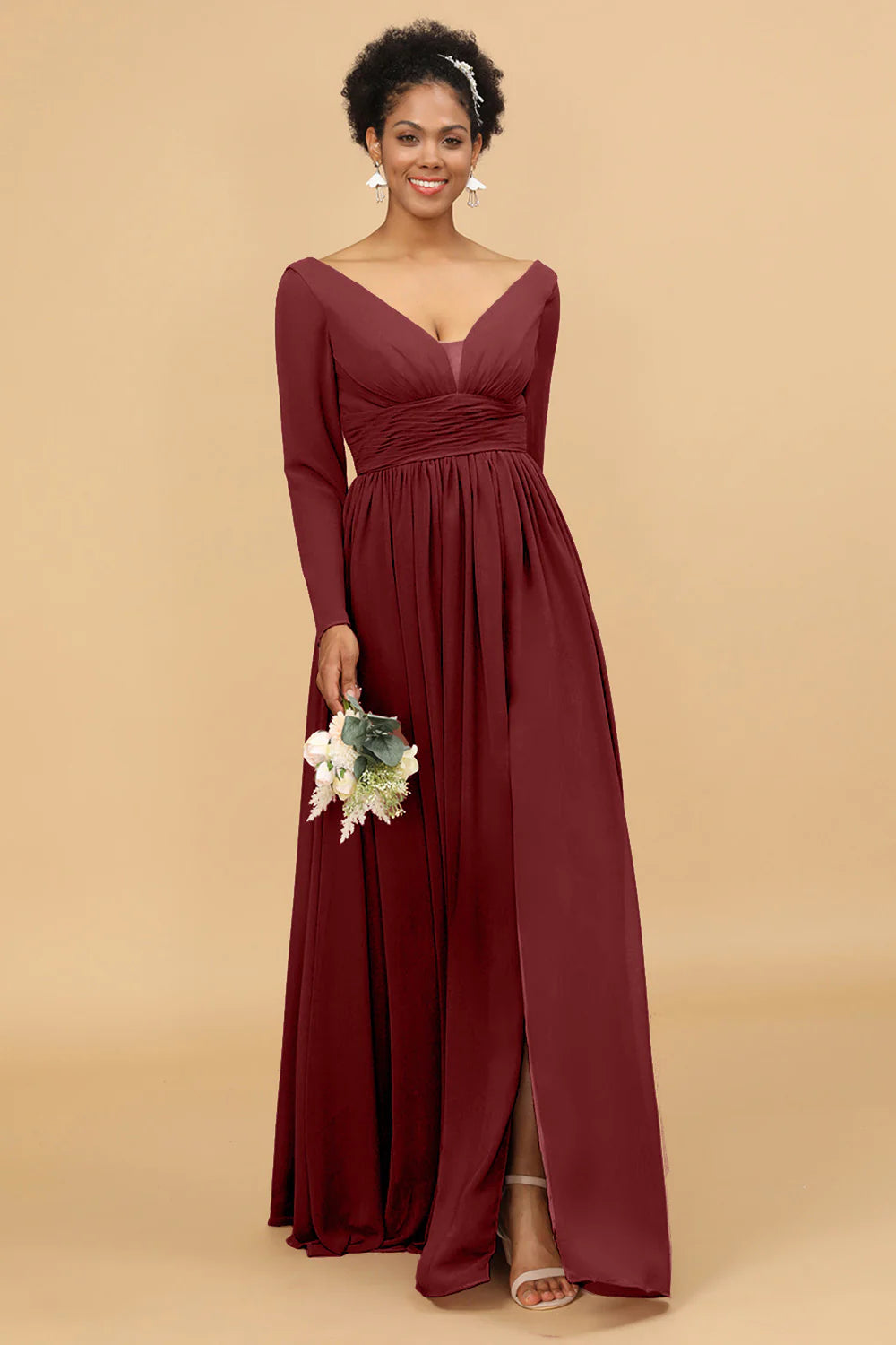 A Line V Neck Long Sleeves Chiffon Bridesmaid Dress with Slit