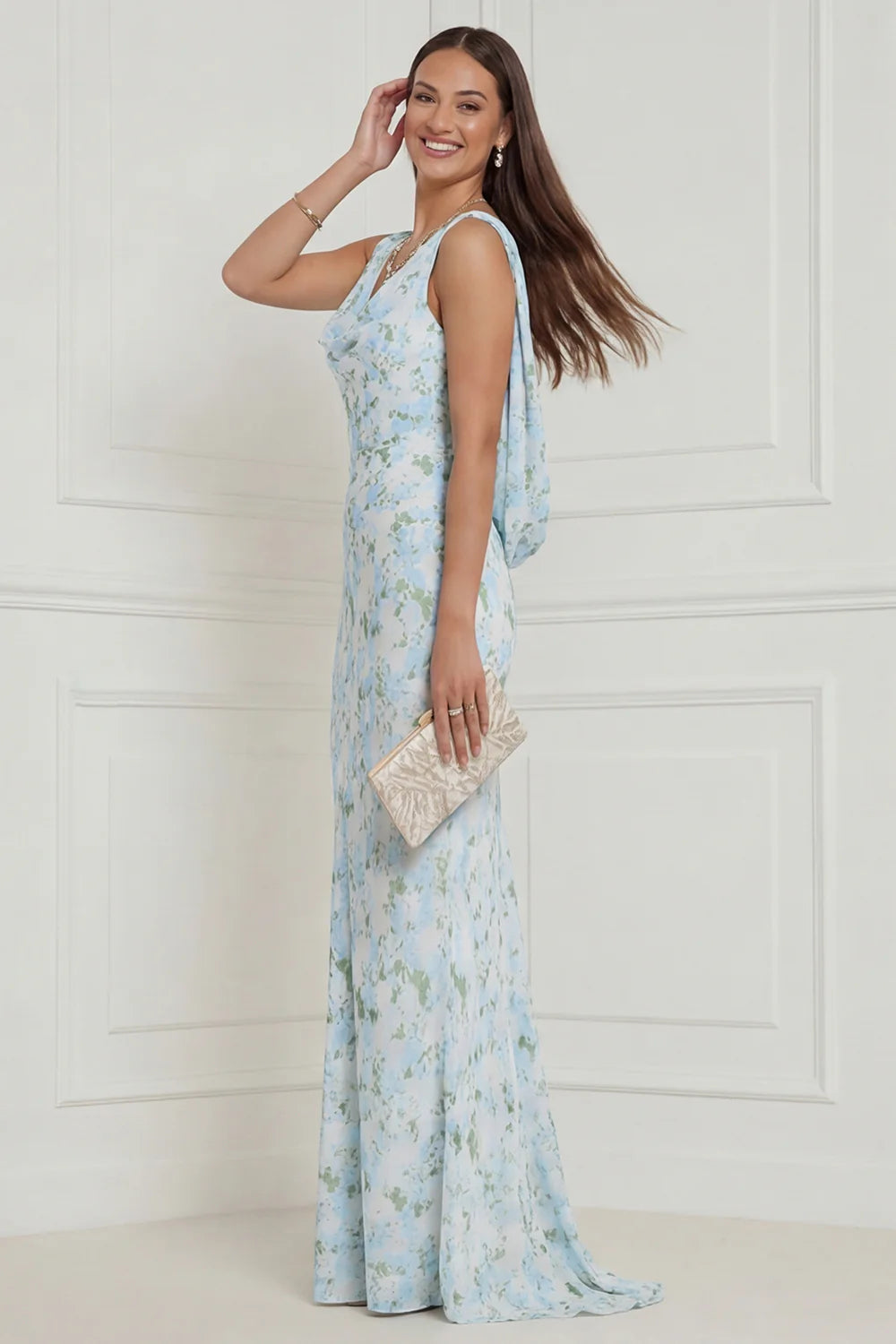Floral Printed Blue White V Neck Mermaid Long Bridesmaid Dress
