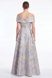 Off the Shoulder A Line Blue Floral Jacquard Mother of the Bride Dress