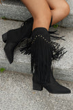 Black Fringe Studded Mid Calf Cowboy Boots