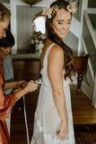Boho V Neck Lace Tulle Wedding Dress