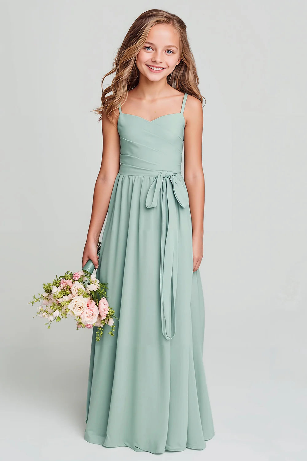 Matcha Spaghetti Straps Ruched A Line Junior Bridesmaid Dress