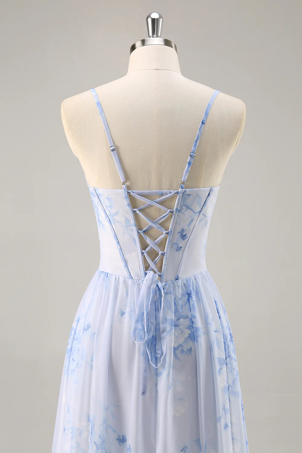 Blue Flower A Line Cowl Neck Corset Long Bridesmaid Dress with Slit