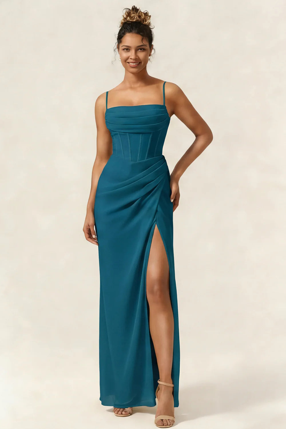Green Flower Mermaid Corset Chiffon Long Bridesmaid Dress with Slit