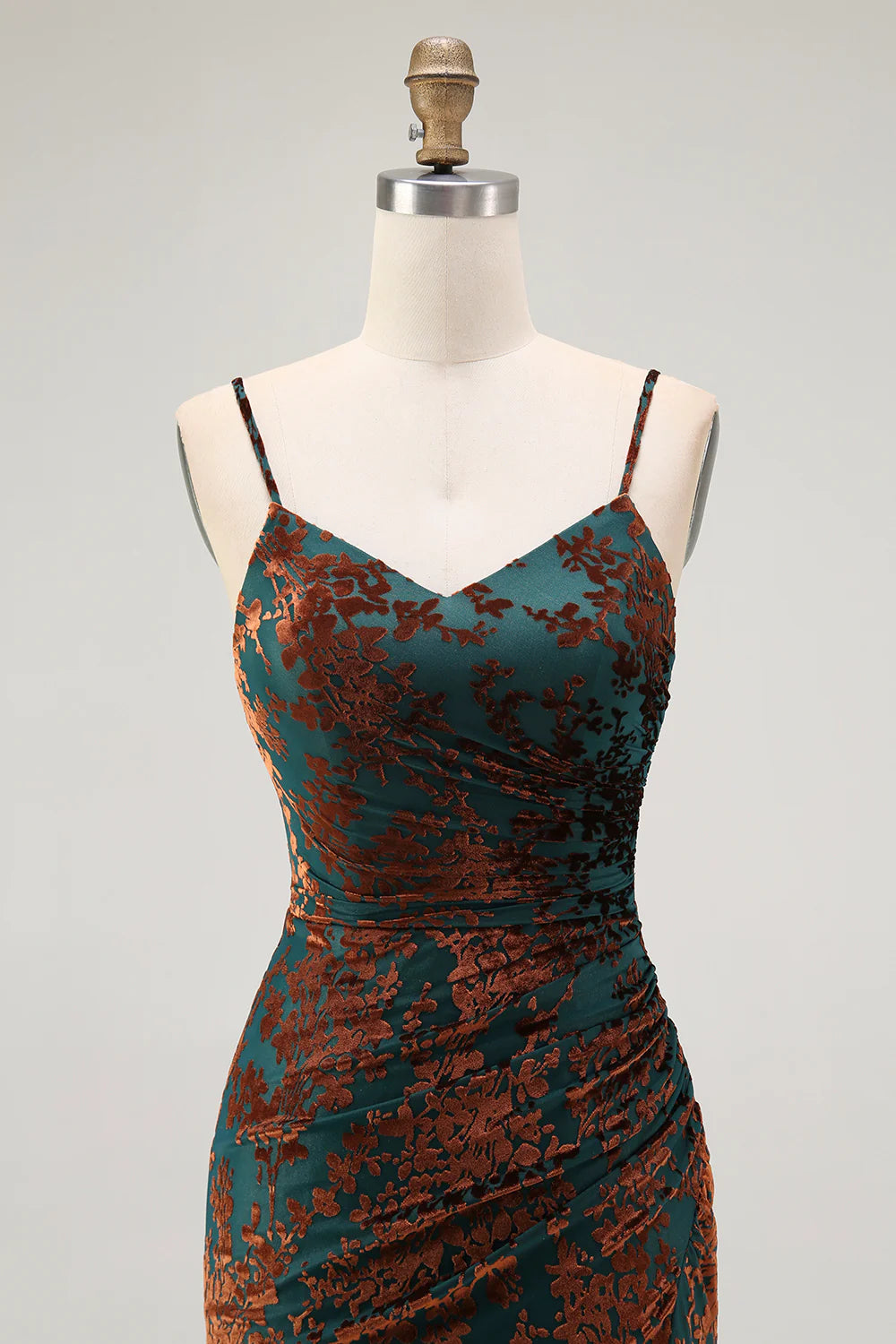 Dark Green Spaghetti Straps Sheath Velvet Burnout Maxi Dress with Slit