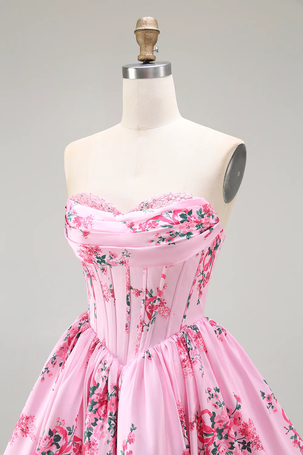 White Blue Flower A Line Strapless Printed Homecoming Dress with Beading