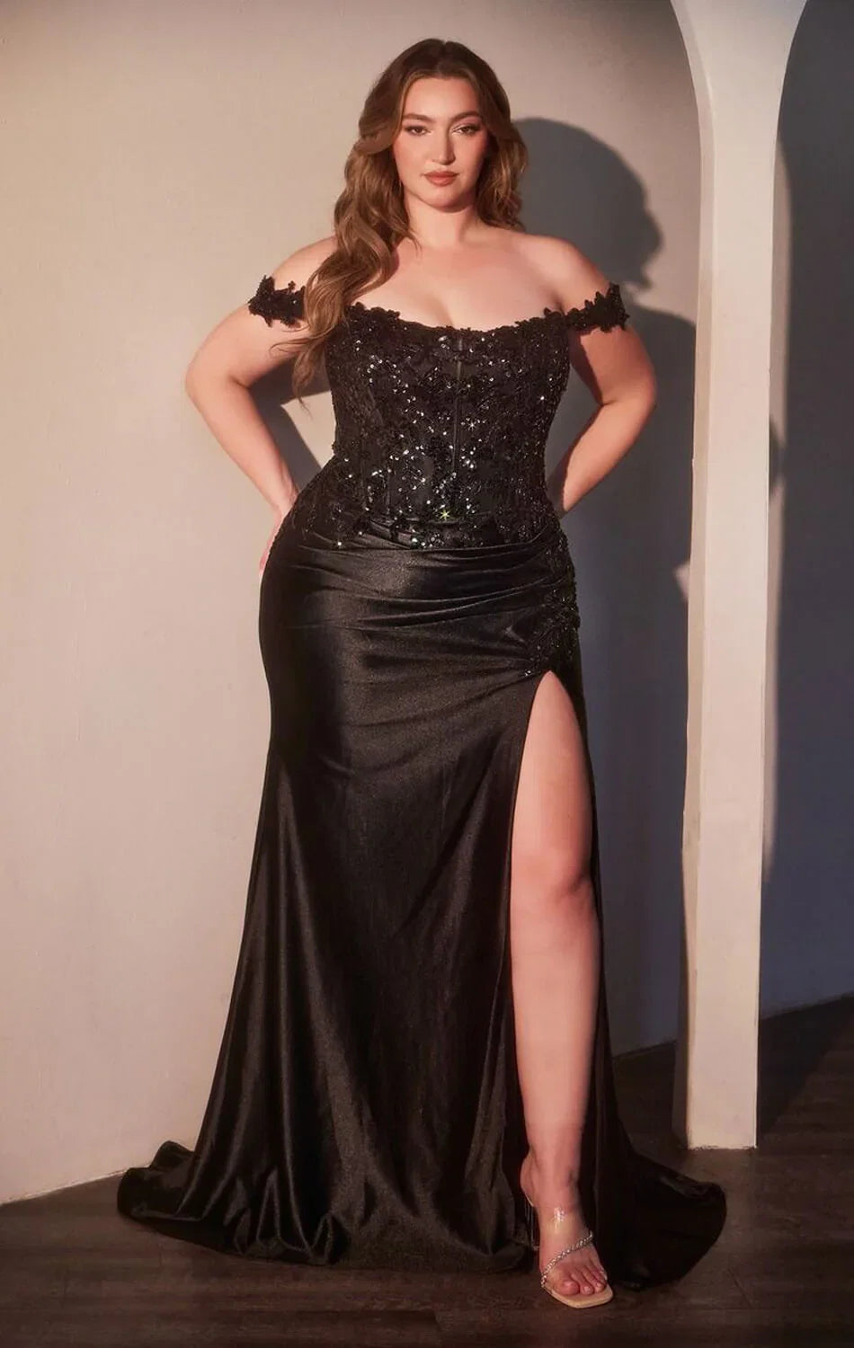 PHILIPPA GOWN OFF THE SHOULDER LACE SATIN DRESS