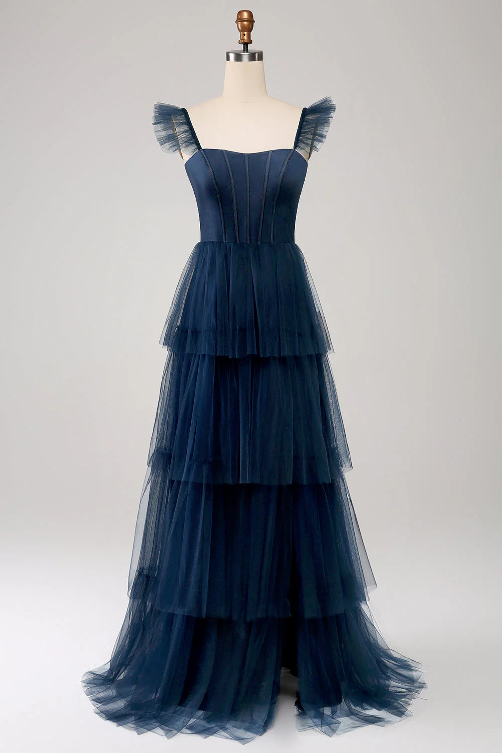 A Line Spaghetti Straps Tiered Floor Length Tulle Purple Bridesmaid Dress