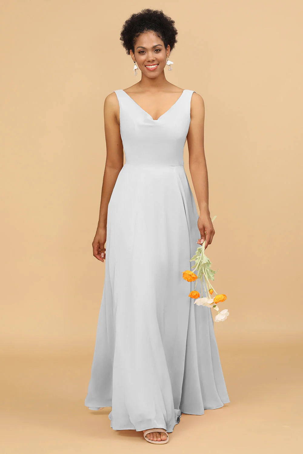 A Line V Neck Backless Chiffon Long Bridesmaid Dress