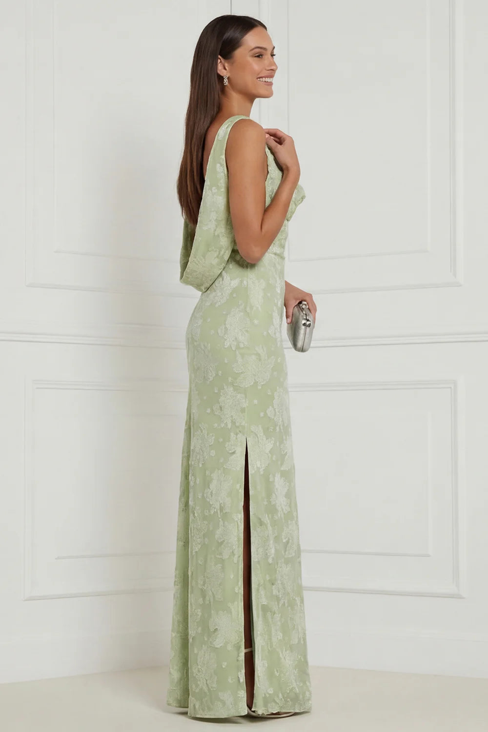 Sage Green Floral Cowl Neck Sheath Long Bridesmaid Dress with Slit