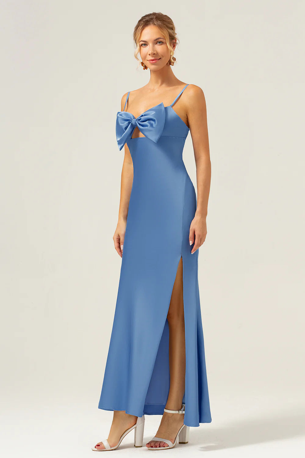 Mermaid Spaghetti Straps Satin Blue Tea Length Dress with Bow