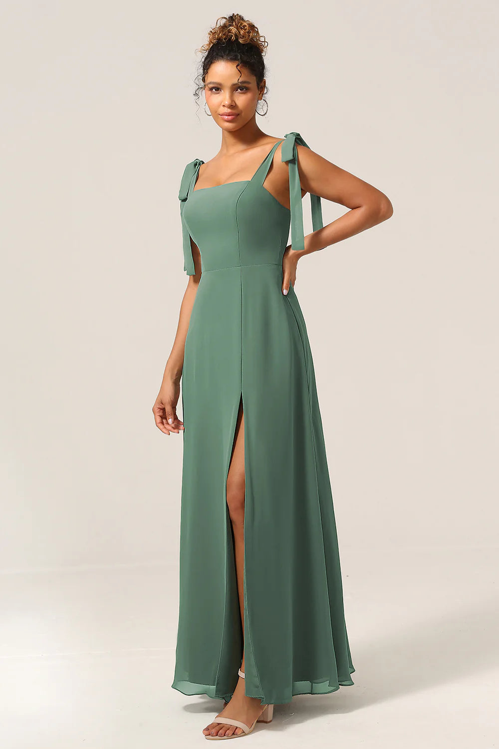 Eucalyptus A Line Spaghetti Straps Floor Length Bridesmaid Dress with Slit