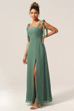 Eucalyptus A Line Spaghetti Straps Floor Length Bridesmaid Dress with Slit