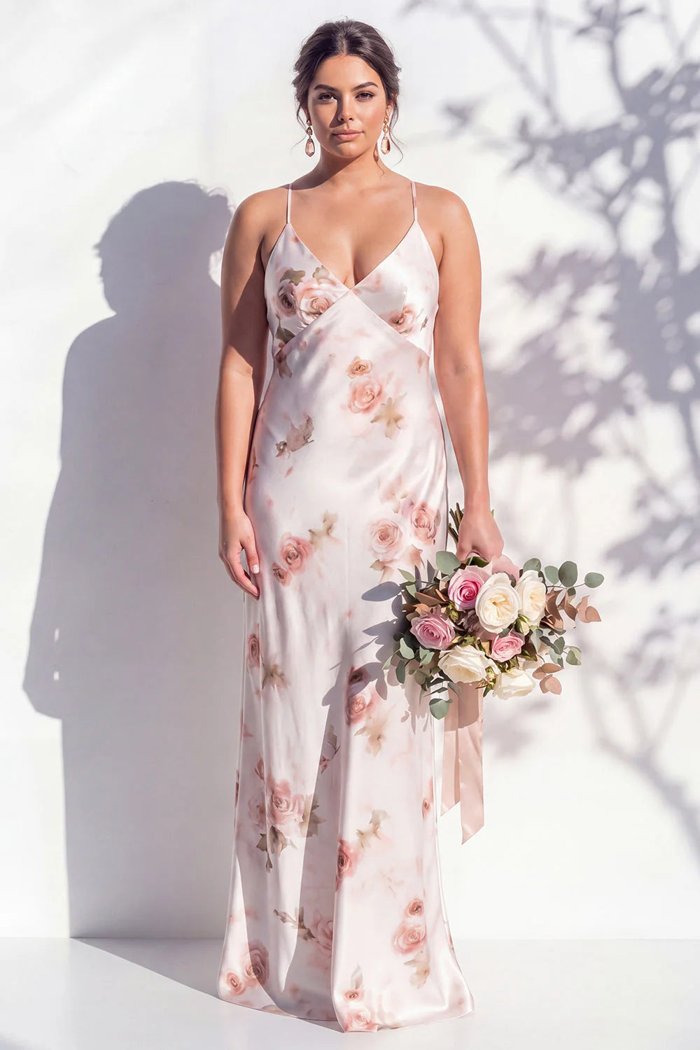 Ivory Red Flower Sheath Spaghetti Straps Long Bridesmaid Dress