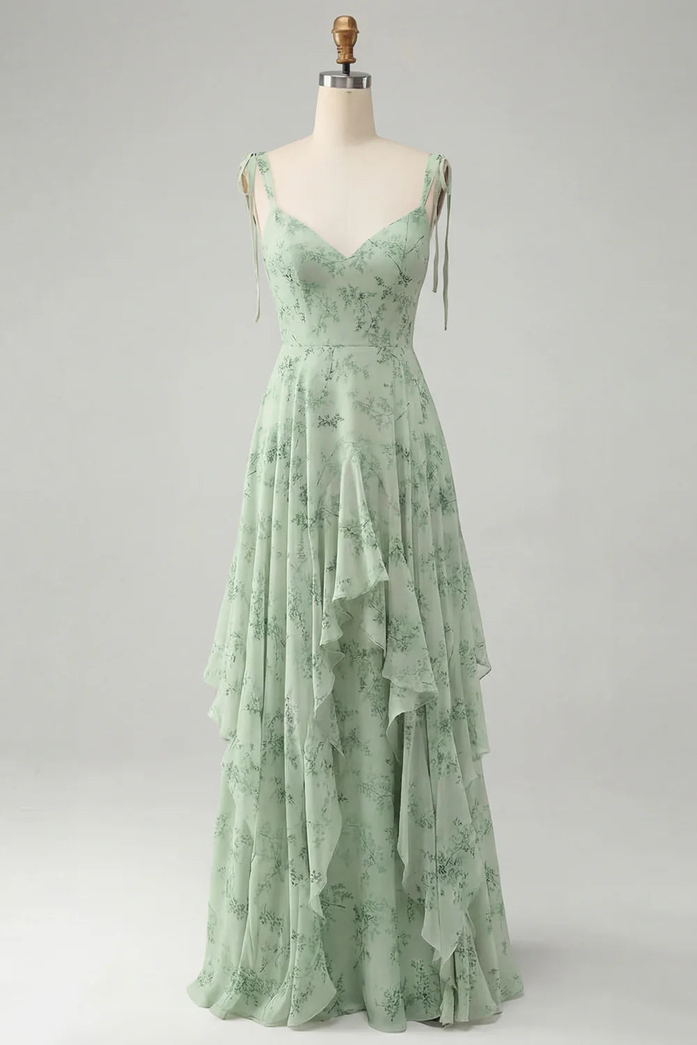 A Line Spaghetti Straps Long Blue Floral Bridesmaid Dress with Ruffles