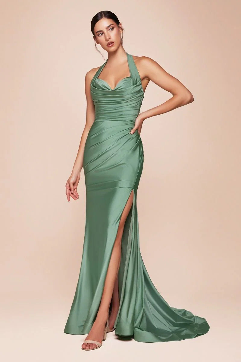 Autumn Gown Stretch Spandex Satin Halter Fitted Dress