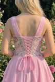 Pink Floral Appliqued V Neck Tiered A Line Homecoming Dress