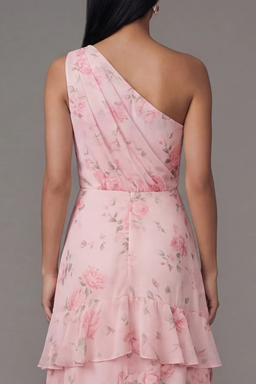 One Shoulder Floral Tiered A Line Pink Wedding Guest Dress