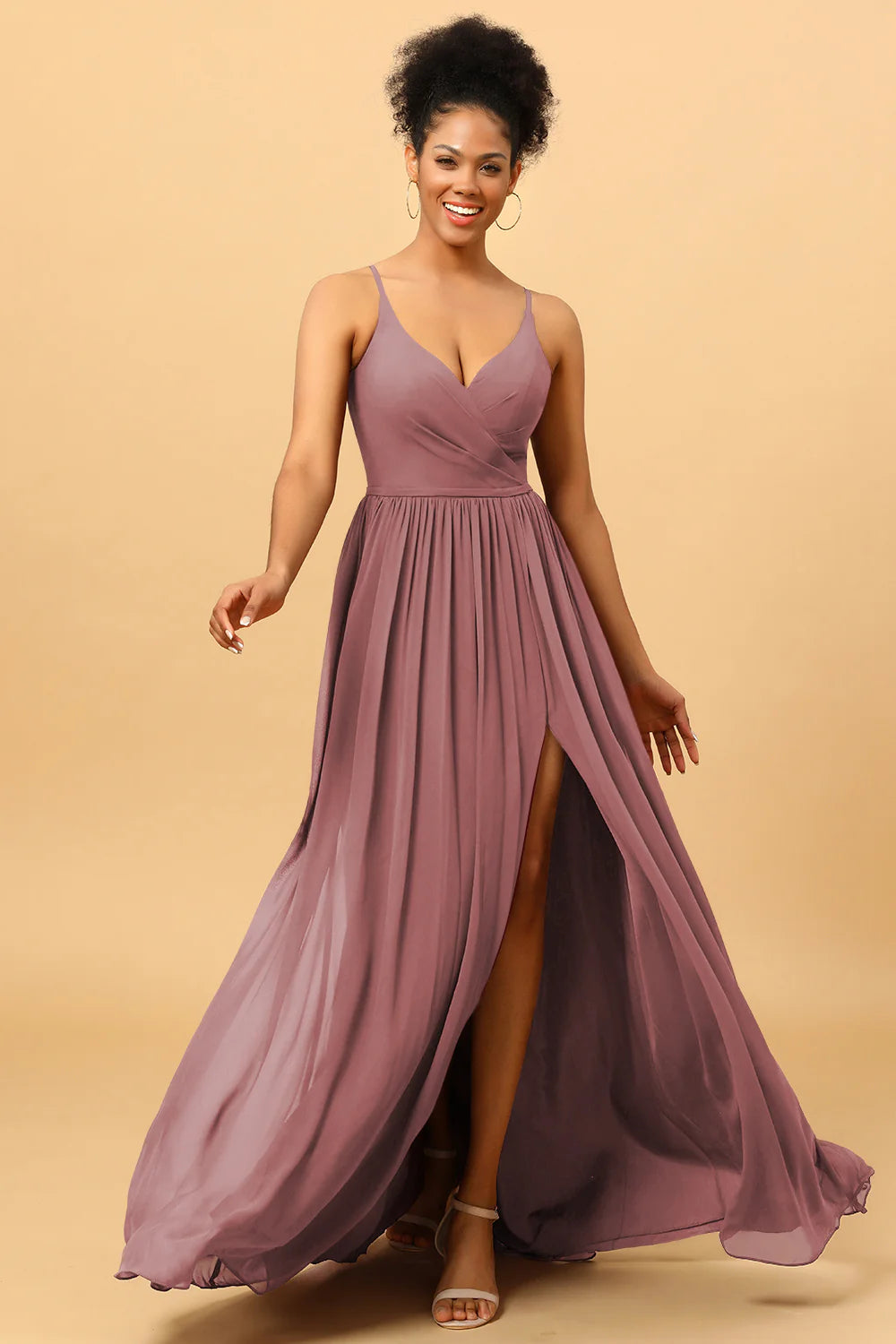 A Line Spaghetti Straps Ruched Long Chiffon Bridesmaid Dress with Slit