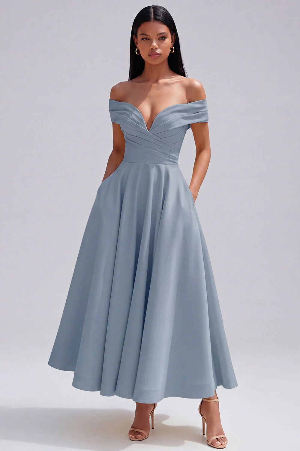 Off The Shoulder Yellow Ruched A Line Midi Wedding Guest Dress