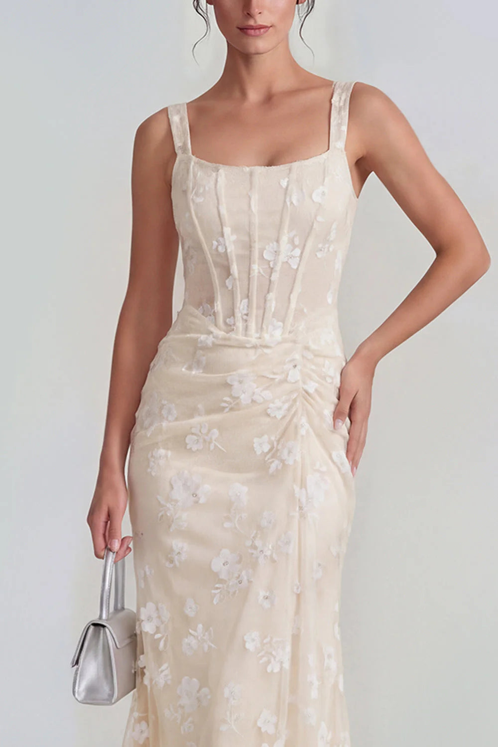 Floral Pink Ruched Mermaid Corset Wedding Guest Dress