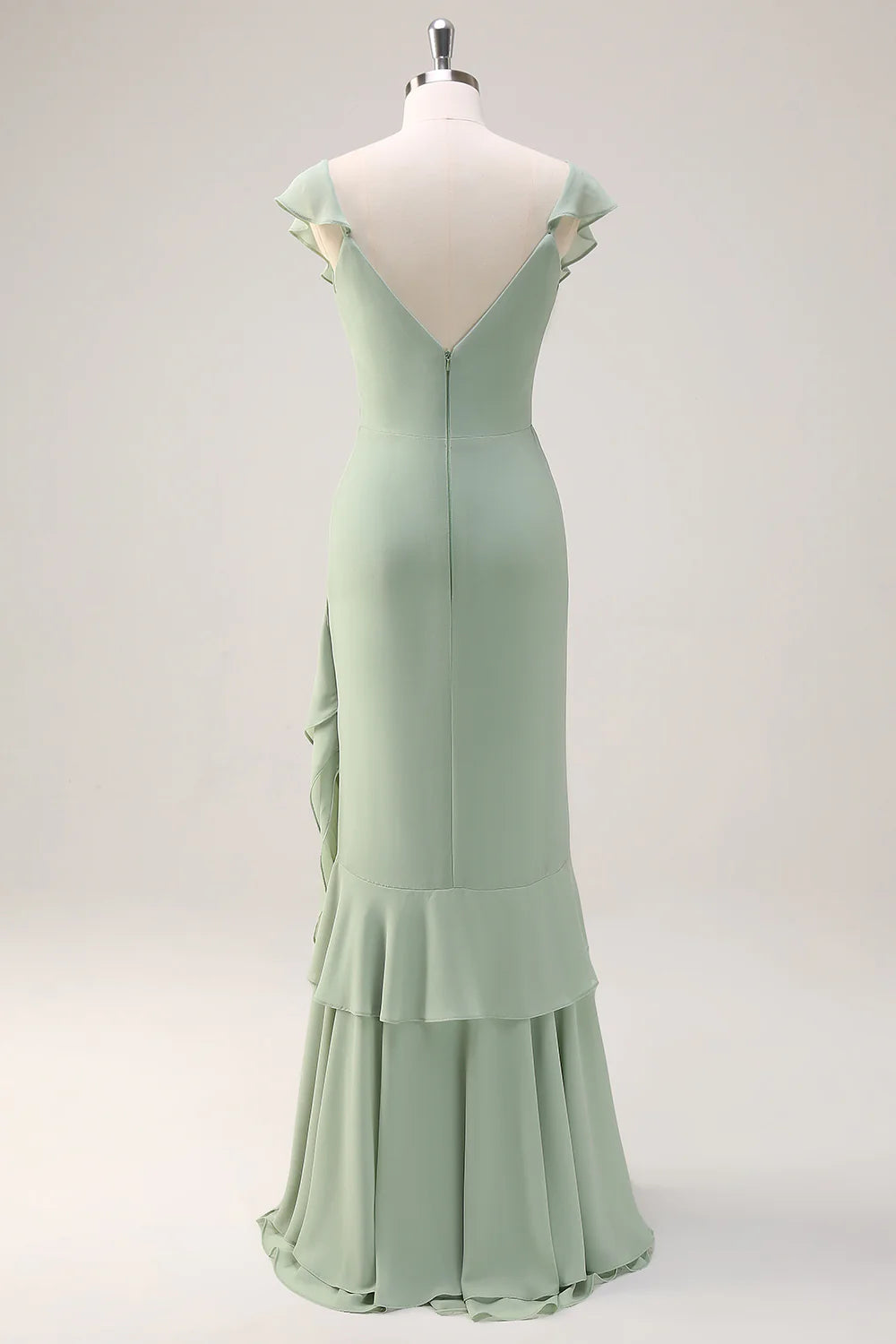Dusty Sage Sheath V Neck Open Back Chiffon Long Bridesmaid Dress with Ruffles