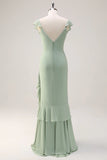 Dusty Sage Sheath V Neck Open Back Chiffon Long Bridesmaid Dress with Ruffles