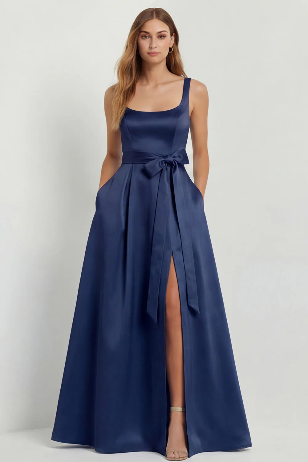 Light Blue A Line Square Neck Bow Satin Long Bridesmaid Dress with Slit