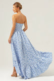 Blue A Line Strapless Brocade High Low Floral Bridesmaid Dress