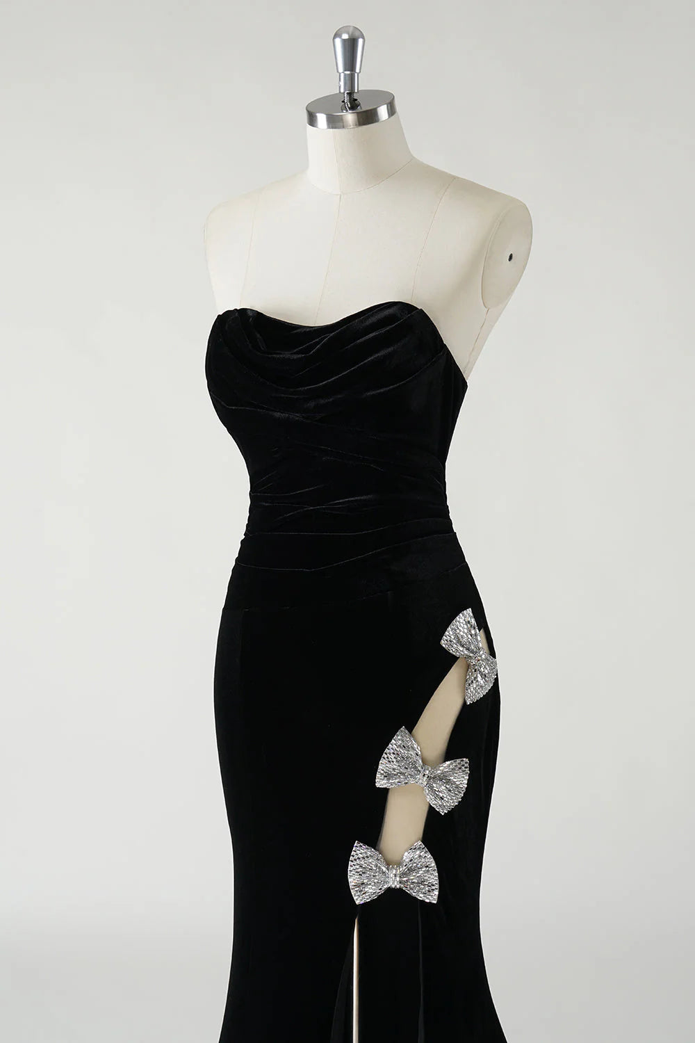 Sparkly Black Mermaid Strapless Velvet Bows Long Prom Dress With High Slit