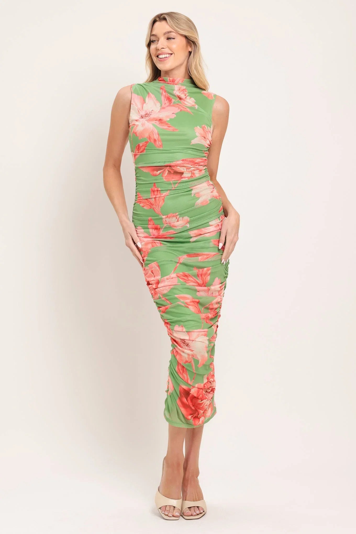 PARADISE GLOW POWER MESH MIDI DRESS