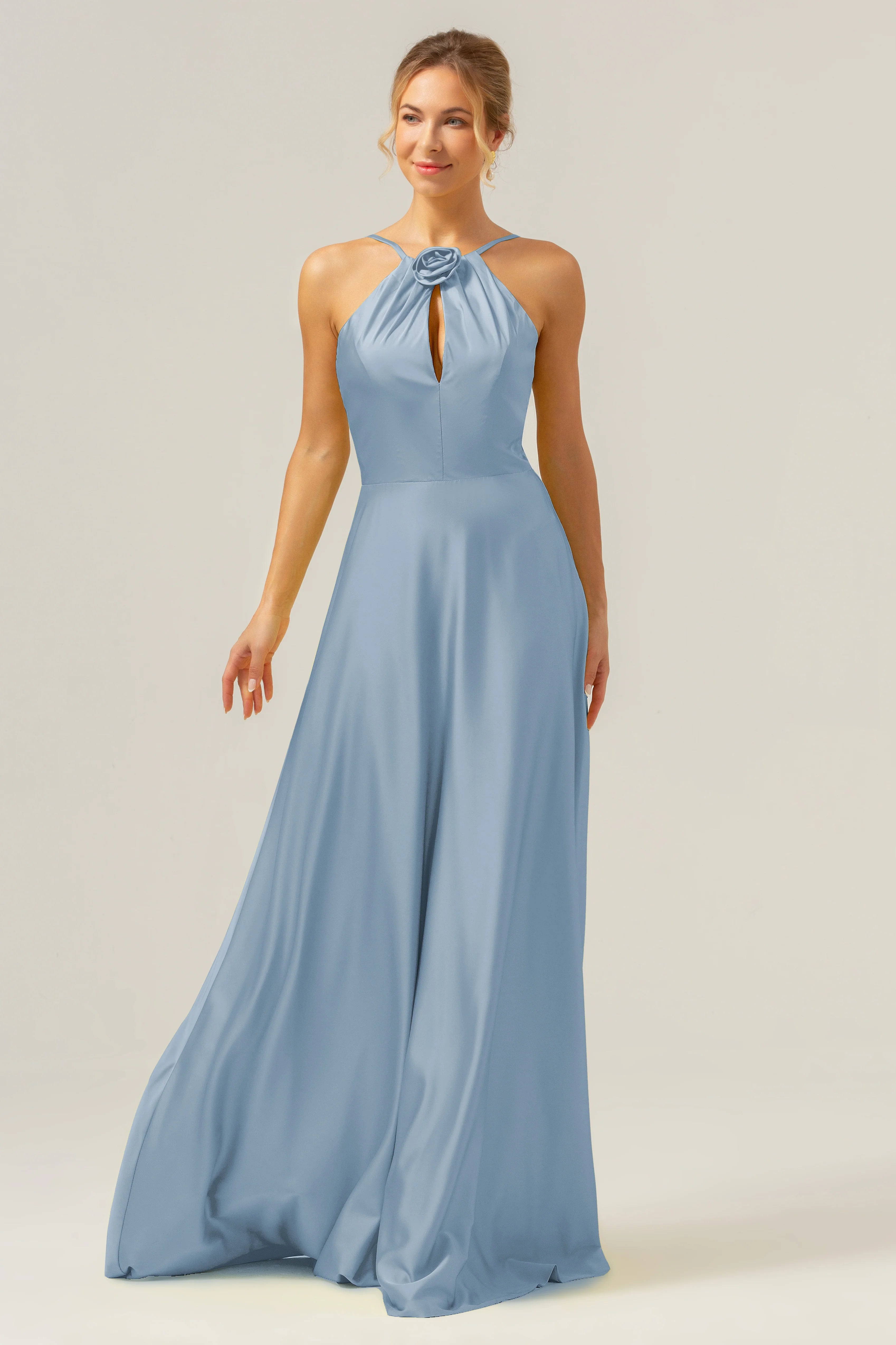 A Line Halter Ruched Satin Open Back Long Bridesmaid Dress with Flower