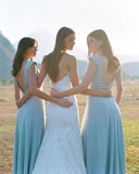 Simple A Line Chiffon V Neck Blue Sleeveless Long Bridesmaid Dresses