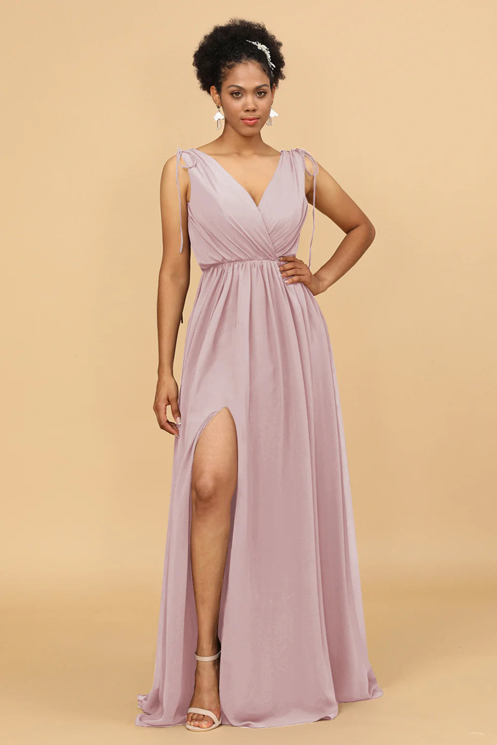 A Line Ruched V Neck Sleeveless Chiffon Bridesmaid Dress with Slit