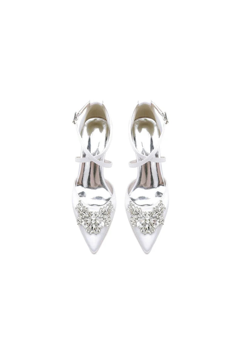 White Cross Strap Pump with Crystal Flower Accent