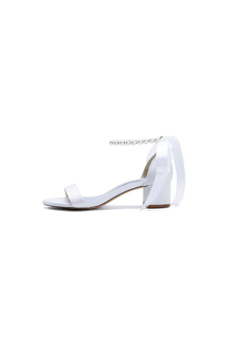 Block Heel Sandal Adorned with Pearl Ankle Band and Ribbon Bow