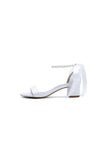 Block Heel Sandal Adorned with Pearl Ankle Band and Ribbon Bow