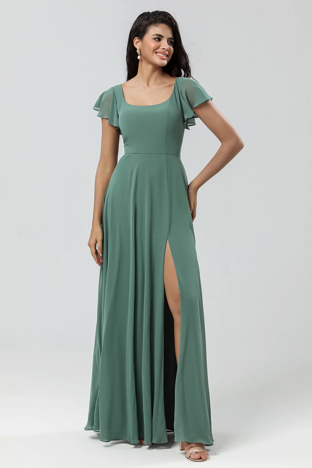 Eucalyptus A Line Square Neck Long Bridesmaid Dress with Slit