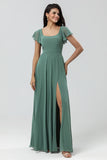 Eucalyptus A Line Square Neck Long Bridesmaid Dress with Slit