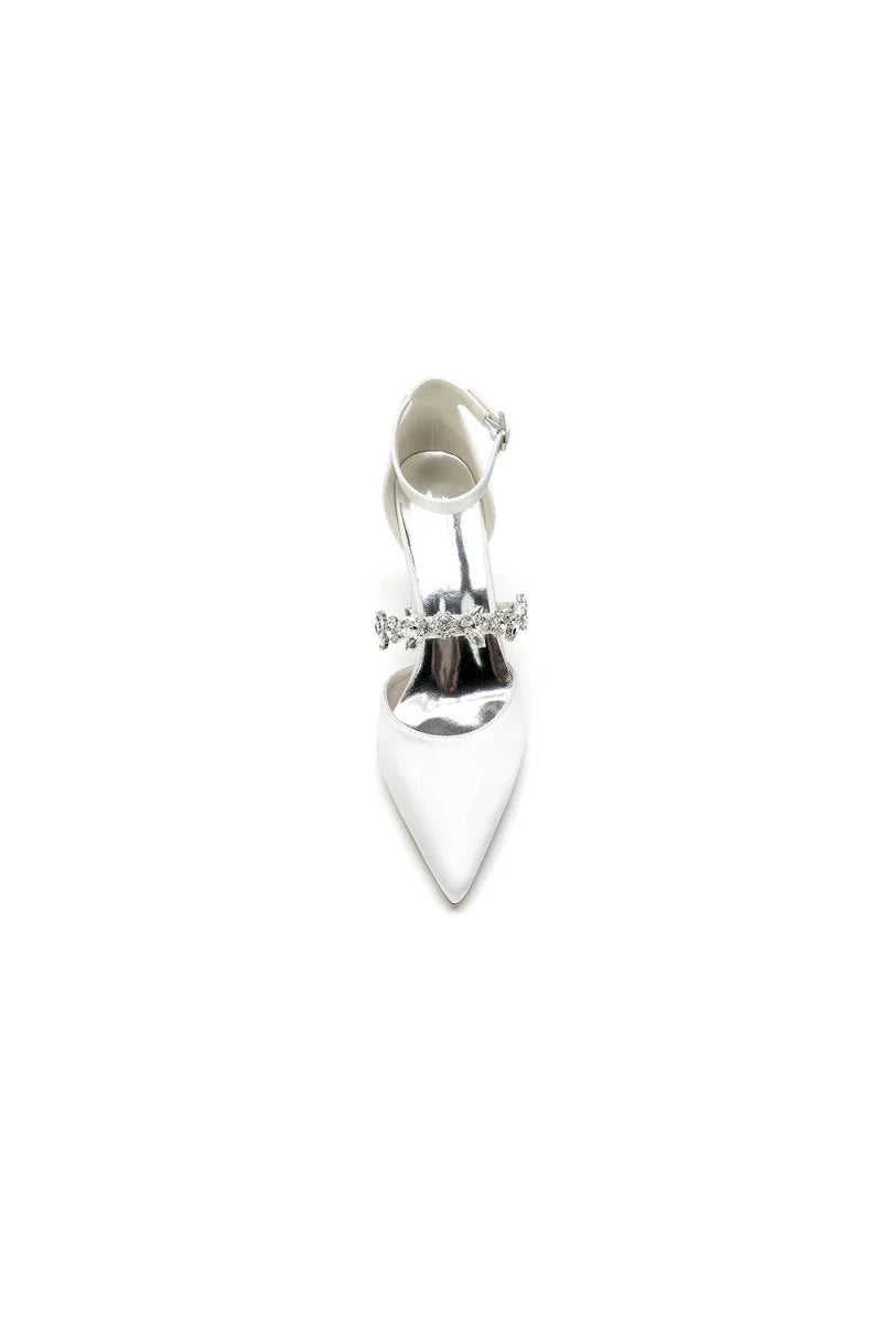 Satin Pointed Toe Rhinestone Strappy Chunky Heels