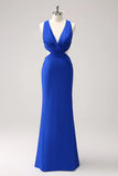 Royal Blue Mermaid Cut Out Ruched Backless Long Bridesmaid Dress